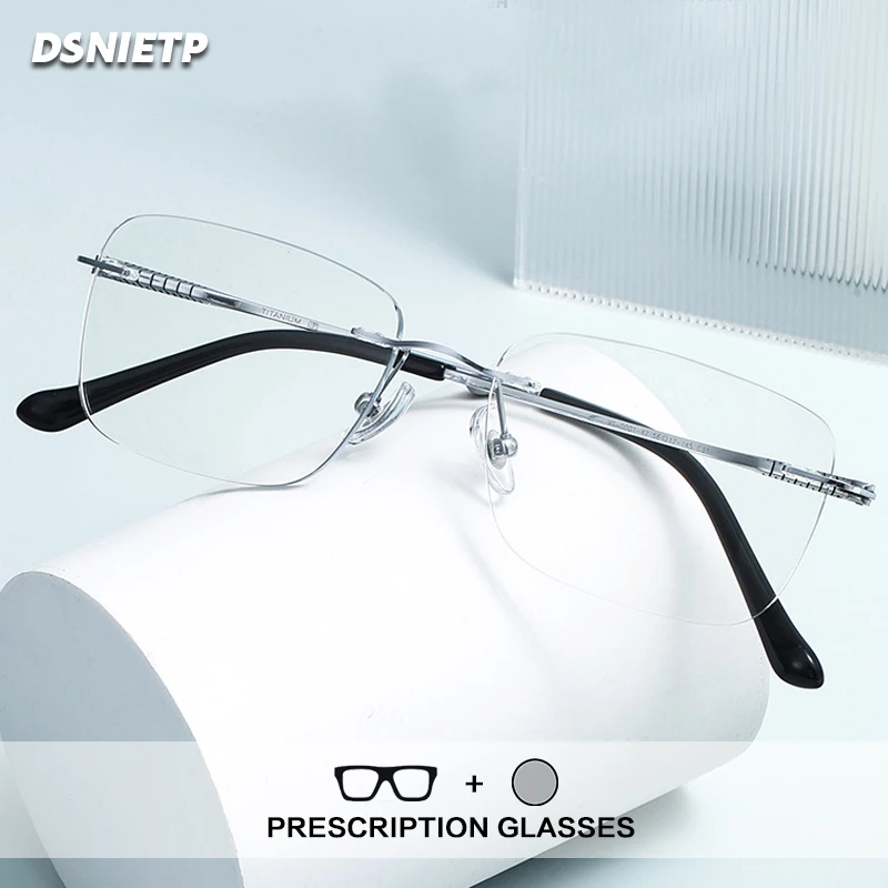 

Dsnietp Titanium Frameless Reading Glasses Men Anti Blue Light Prescription Rimless Glasses Photochromic Progressive Eyewear