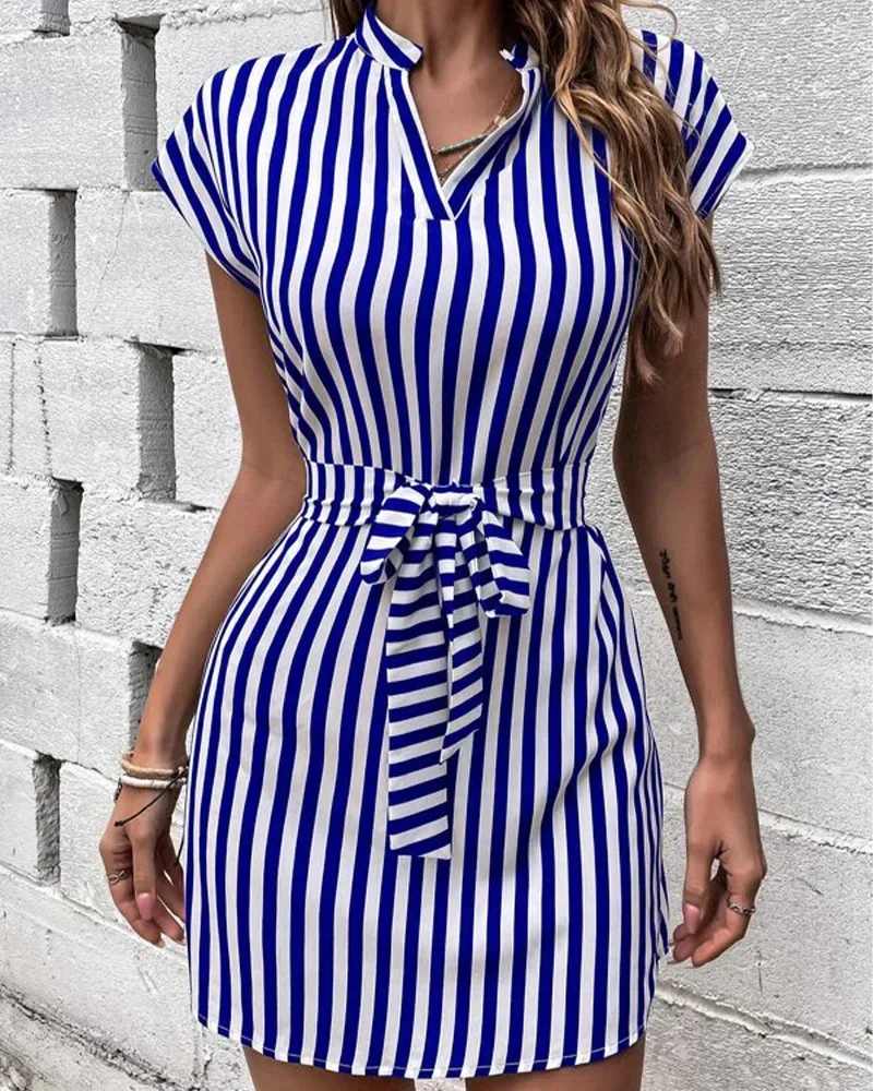 Women Spring Summer Style A-Line Dress Lady Casual Sleeveless Turn-down Collar Striped Printed Dress Vestidos