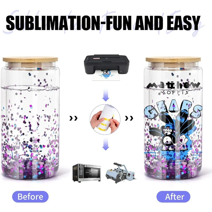 زجاج كرة الثلج التسامي سعة 16 أونصة مع أغطية من الخيزران وقش، 25 عبوة من نظارات علب البيرة ذات الجدار المزدوج، بو المحفور مسبقًا