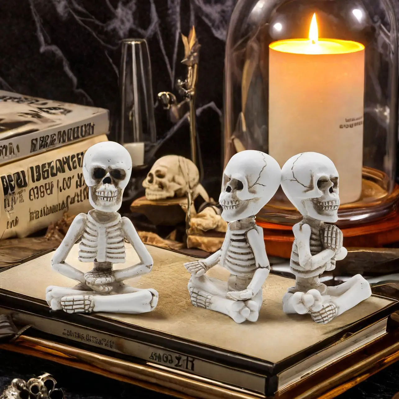 Resin Skull Pumpkin Ornament Three Wise Skulls See No Hear No Speak No Evil Halloween Spooky Tabletop Decor Craft Figurine