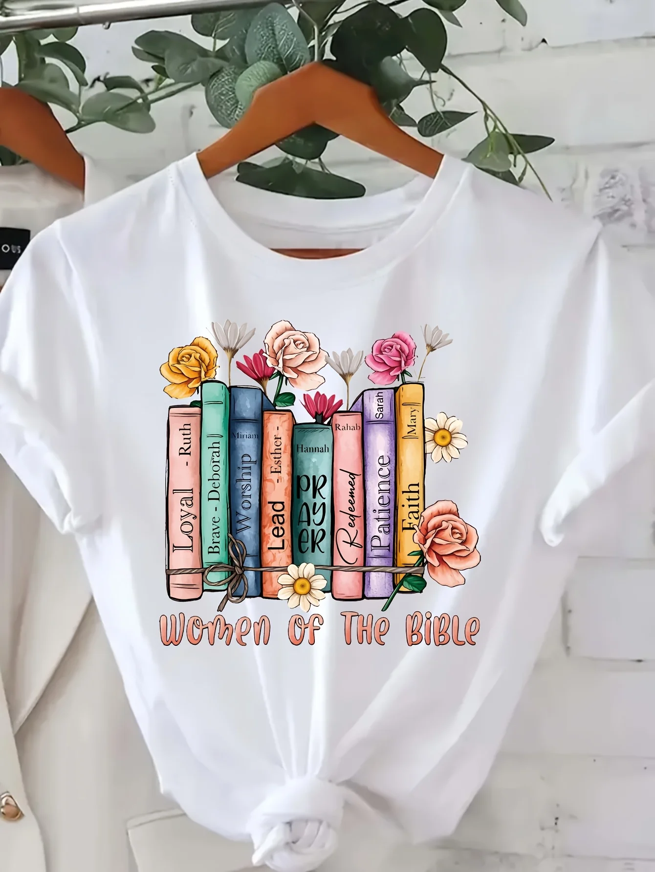 

Women's Sleeve Crew Neck Floral Inspirational Bible Book Print with "Woman of The Bible" Design Harajuku Short Sleeve Casual