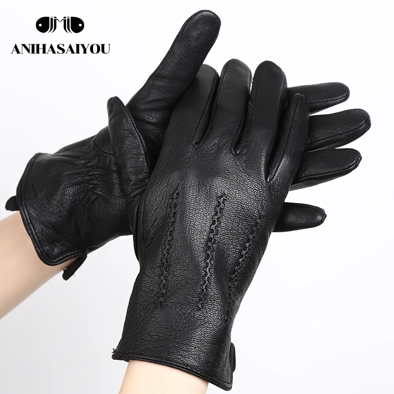 2024 Winter men's gloves,deer skin leather gloves men,soft warm wool lining 70% black winter gloves men sewing design -8001N