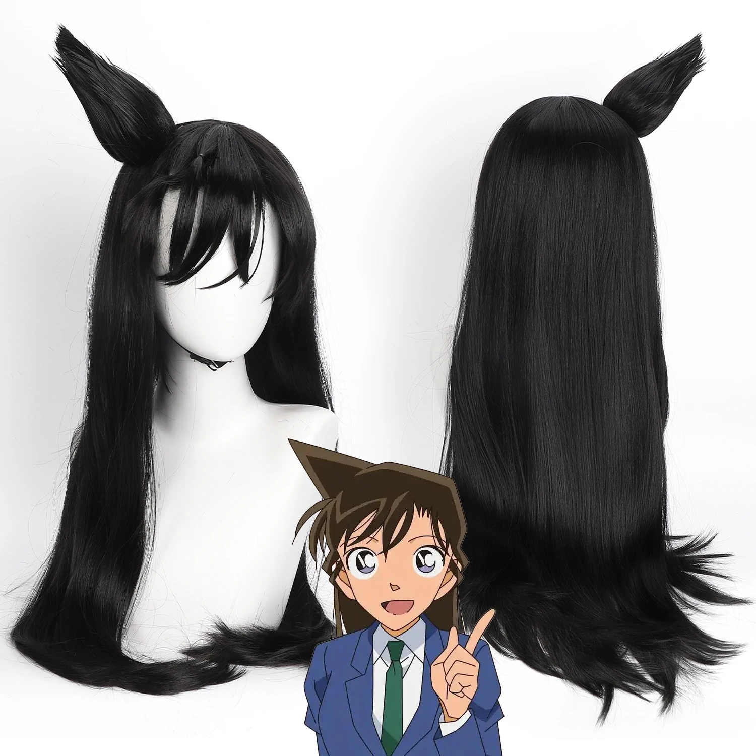 

Парик для косплея Детектив Конан, аниме-парик Рэйчел Мур, черный парик для ролевых игр с челкой, имитация кожи головы, длинный прямой синтетический парик