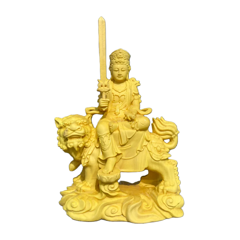 Hand Carved Boxwood Wooden Manjushri on Lion Samantabhadra on Elephant Bodhisattva Statues Pair (Set of 2) - Spiritual Ornament