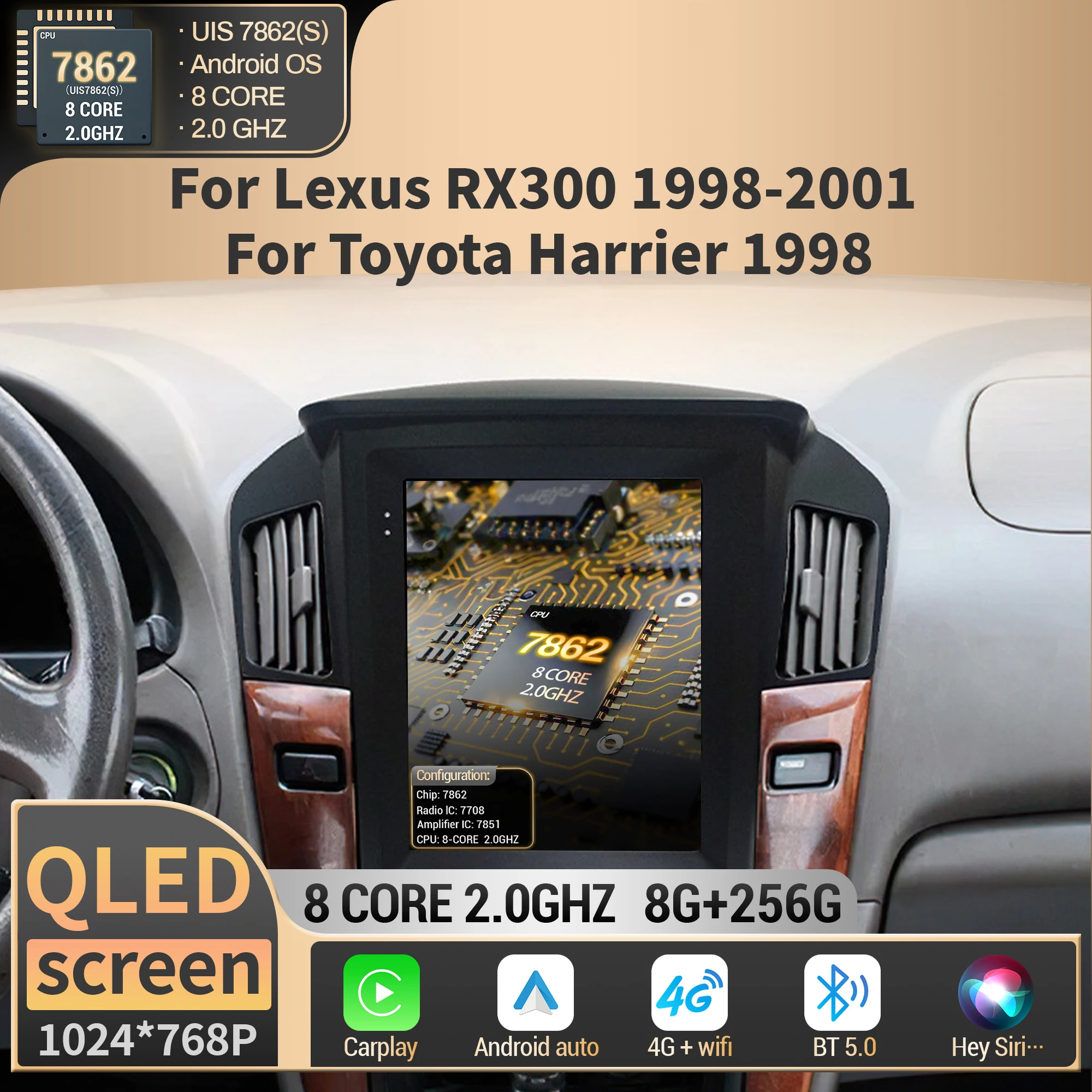 9.7″ For Lexus RX300 1998 1999 2000 2001 For Toyota Harrier 1998 Car Radio Multimedia Navigation Wireless BT Carplay QLED screen