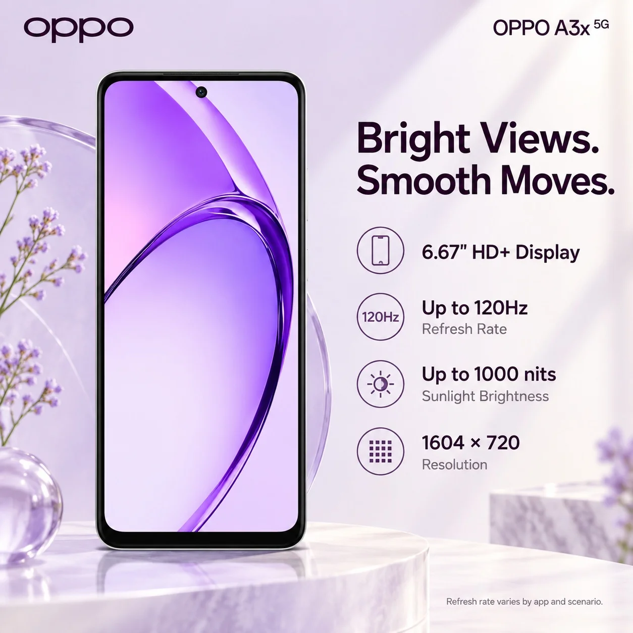 OPPO A3x 5G Smartphone 8GB+256GB, 7.68mm Slim Light Body 186g, Matte Comfort Grip, Long‑Lasting Battery, Triple Camera System
