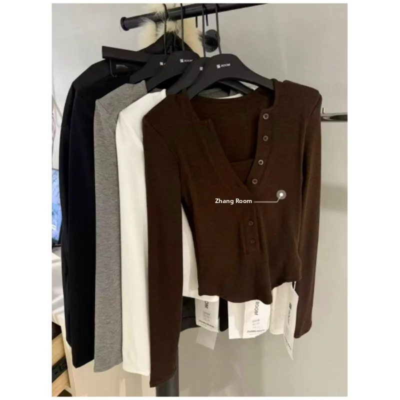 Slim Fit Long Sleeve T-Shirt V-Neck Button up Base Layer Top Spring 2026 New Style Fake Two-Piece Casual Women's Fashion