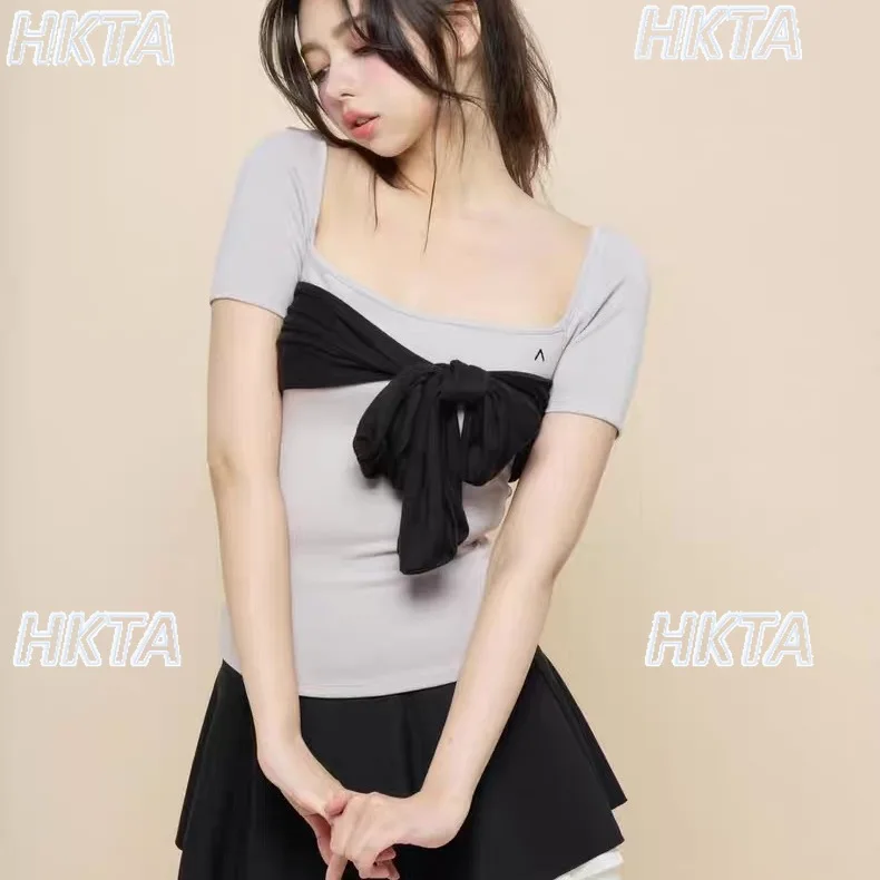 

Japanese Bow Lace Up Color Matching Short Sleeved Slim Fit T Shirt Tops Women Summer New Commuting Sexy Halter Black Tshirts