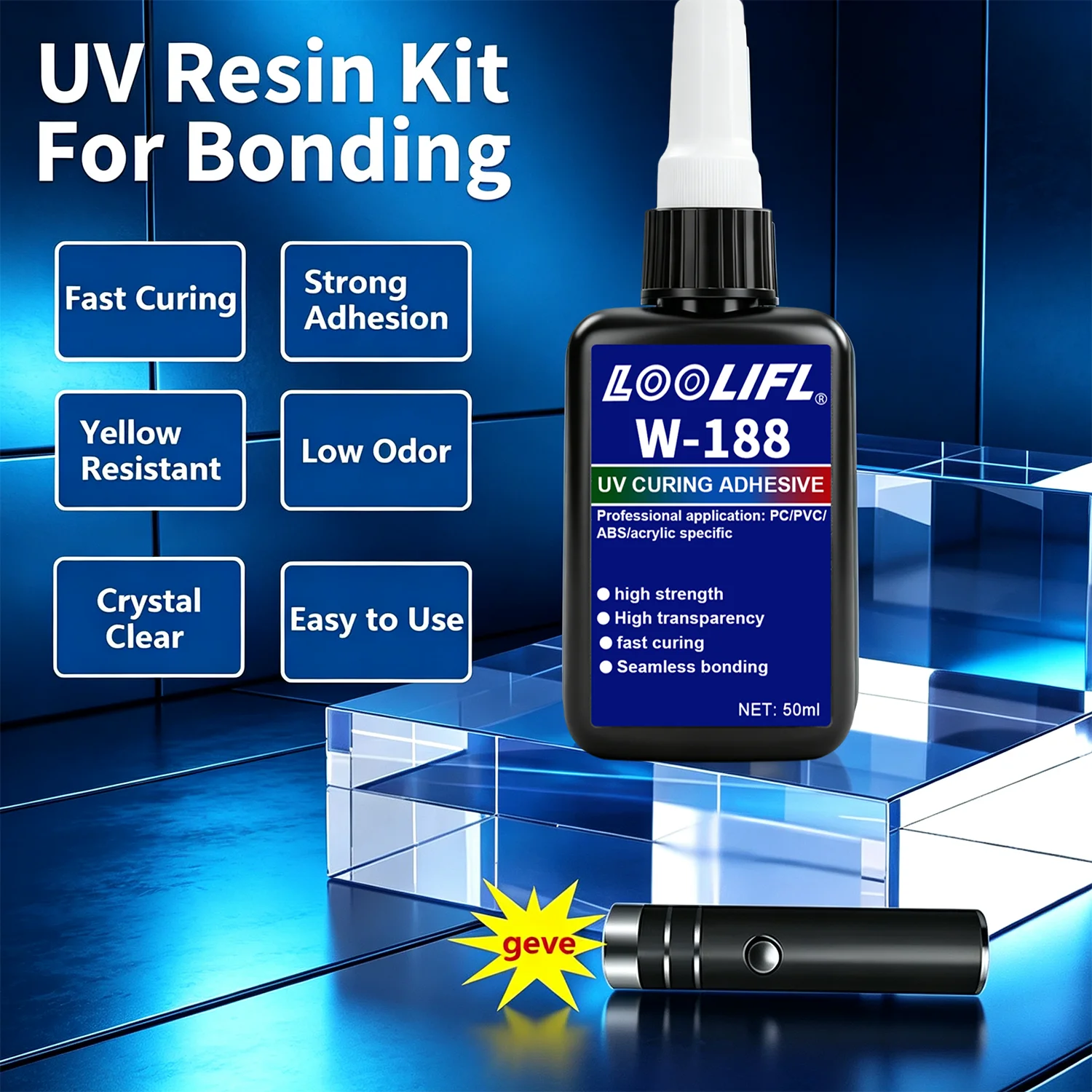 50G New W-188 High-Strength UV-Curing Resin Adhesive UV Glue For DIY Projects Bonding Welding Glass Metal Ceramics ABS Crystal