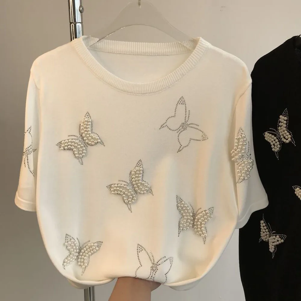 2022 Summer New Female European Ice Silk Pullover Knitting T-shirt Women Fashion Simple Beaded Short-Sleeved O-neck Knitted Top