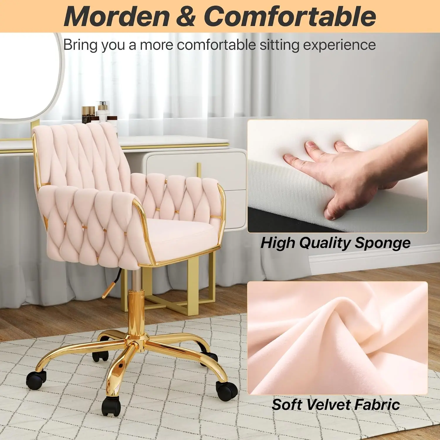 Velvet Home Office Chair, Modern Height Adjustable Cute Vanity Chair, 360° Swivel Makeup Chair Desk Chair with Golden Base image 6