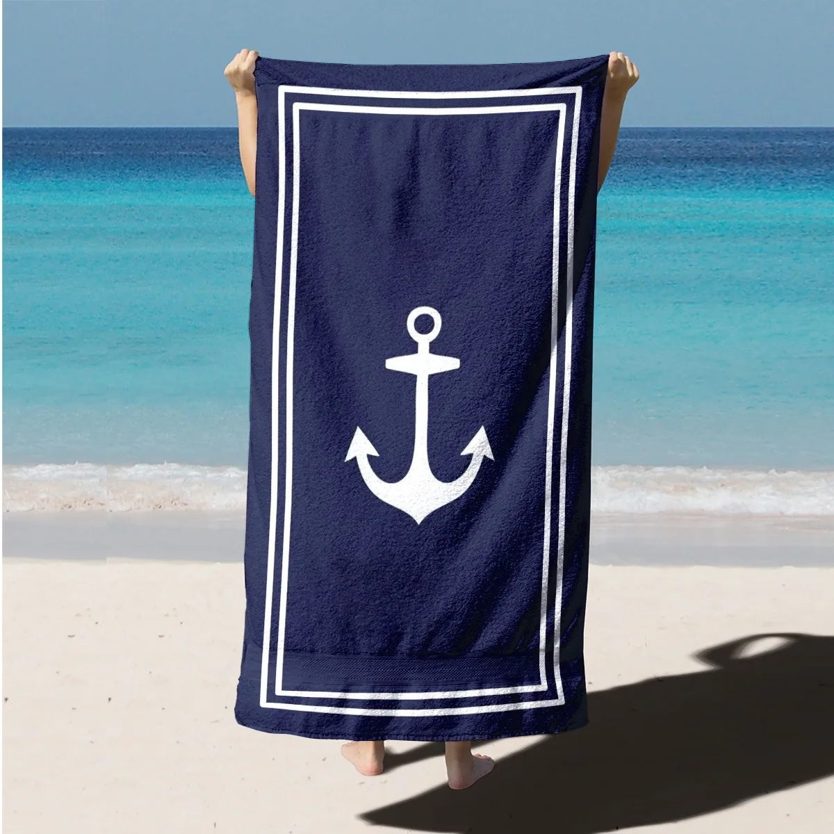 Coastal Charm: Navy Blue Beach Towel with White Anchor Design Suitable for towels, bath towels, beach towels