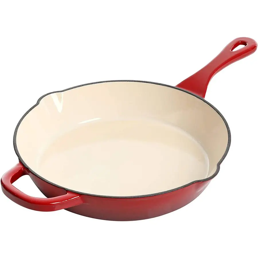 

10 Inch Enameled Cast Iron Skillet with Handles Ideal for Searing, Roasting, Frying Even Heat Distribution, Pour Spouts OvenSafe