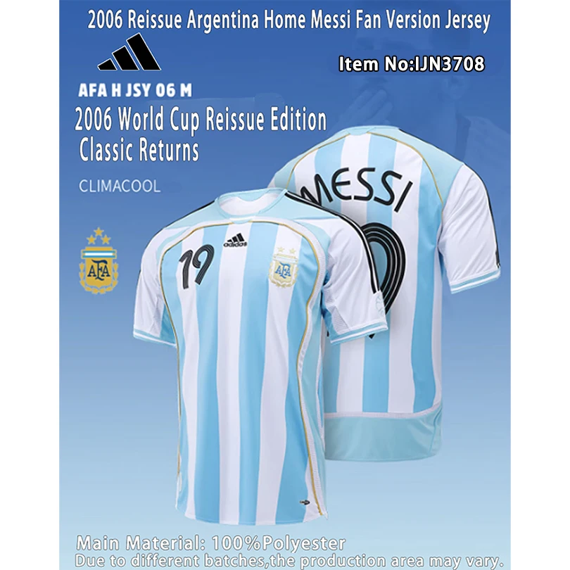 Camiseta Retro de la Selección Argentina 2006 de Adidas, Número 26, Messi # Camiseta de Fútbol Unisex Versión Aficionado de Argentina 19, Manga Corta, JN3708