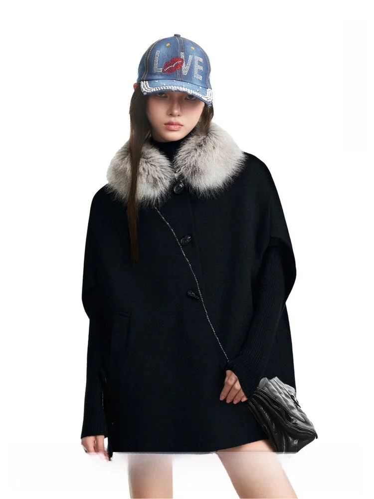 

Двустороннее шерстяное пальто-накидка UNCMHISEX для женщин, с меховым воротником, теплое, винтажное, свободного кроя, с длинными рукавами