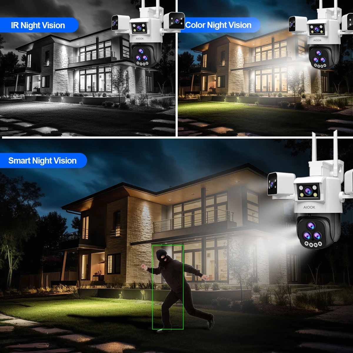 AIOOK 20X Zoom Outdoor Camera HD 30MP WiFi Camera 24/7 Record Waterproof Night Vision Two Way Intercom Mobile Tracking IP CCTV