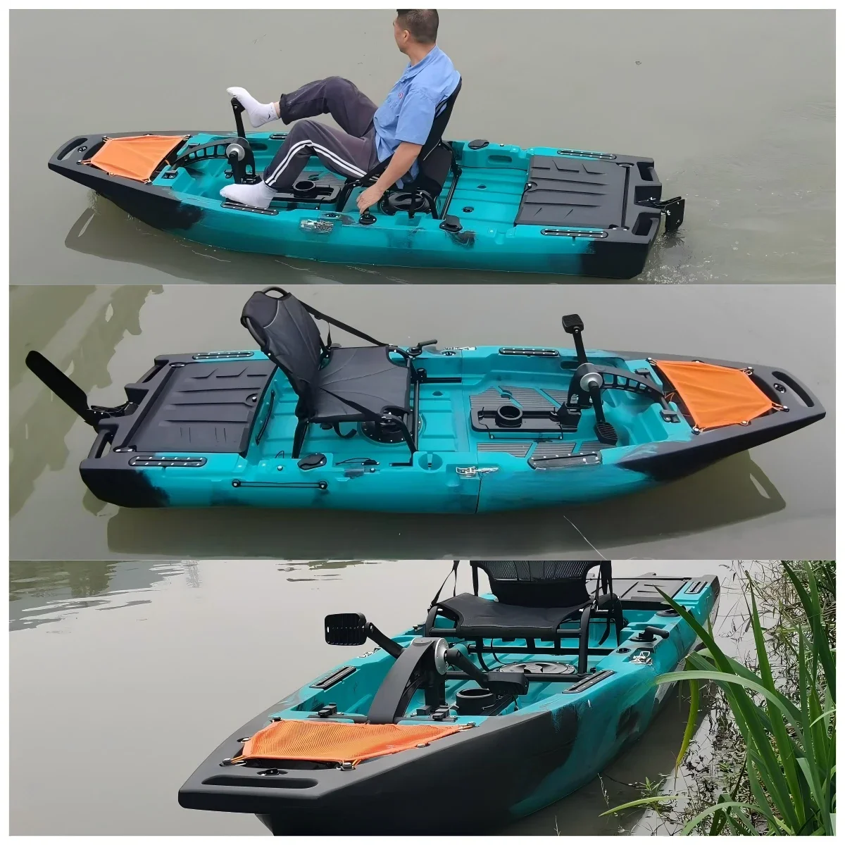 2-Piece modular removable kayak with skirting and propeller pedal motor kayak