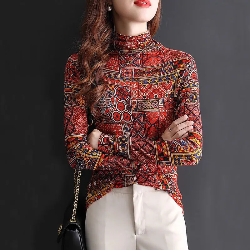 Female Clothing Folk Printed T-shirt Spring Autumn Patchwork Contrasting Colors Stylish Half High Collar Long Sleeve Pullovers