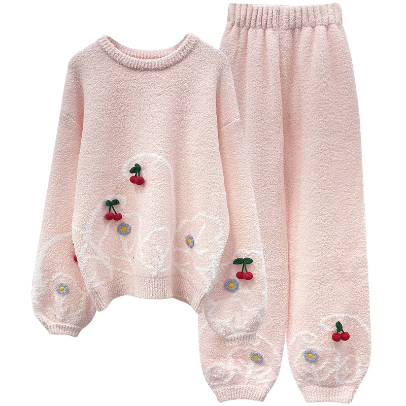 Downy Pyjamas Sweet Girls Cherry Feather Yarn Women Pajamas Set Winter Thickened Velvety Nightwear Female Pullover Home Clothes