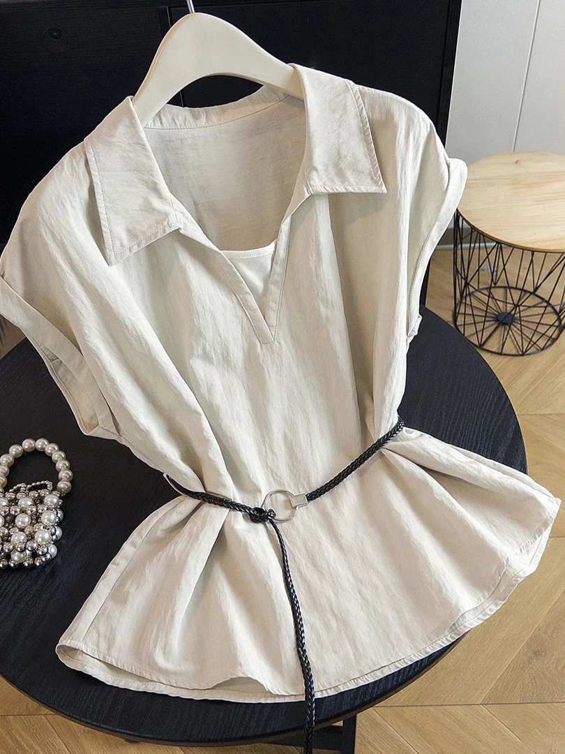 

plus Size Shirt Women's Summer New Style Unique Slimming Short Sleeve Turn-down Collar Waist-cinched Versatile Good-looking Top