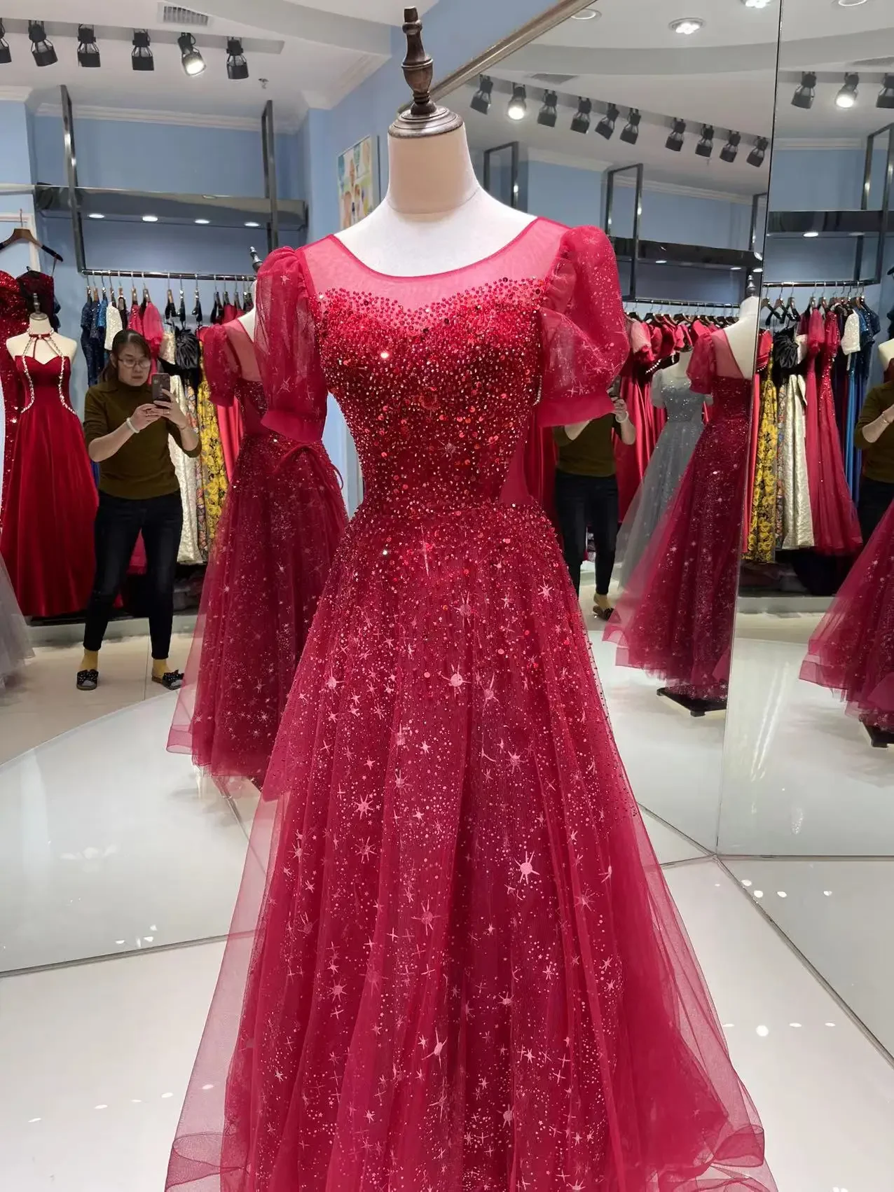 Customized Luxury Evening Dress for Women Scoop A-line Puff Sleeve Sequins Beading Long Formal Party Gowns Vestidos De Noche