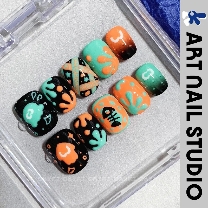 

Mint Green Fluorescent Orange Octopus Spray! Splatoon 3 Cool Sweet Girl Custom Hand-painted Nail Art