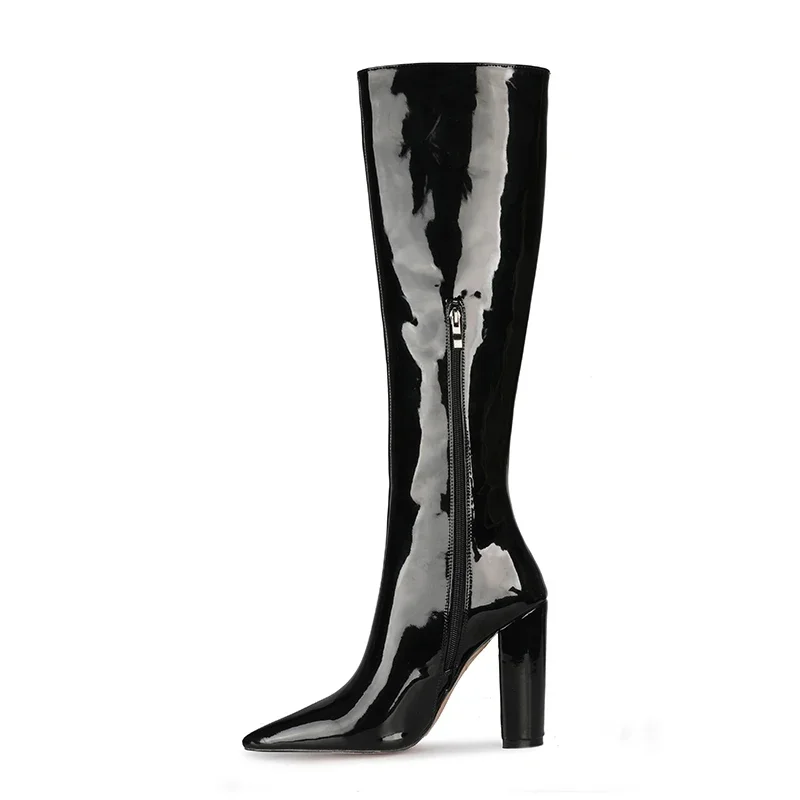 Arden Furtado Autumn Cow Patent Leather Pointed To Side Zipper Super High Heel Modern Boots Extra Large Size Knee High Boots