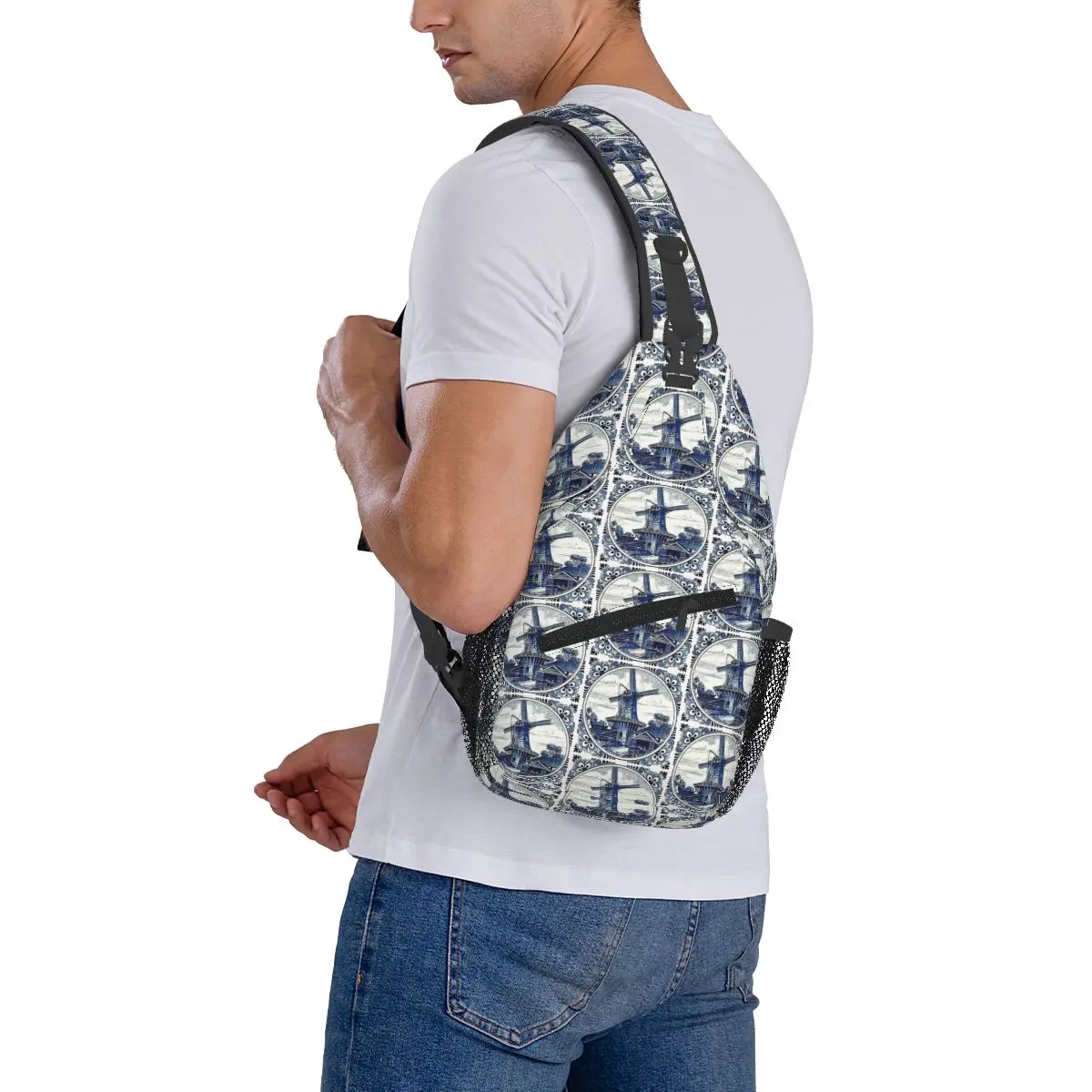 Bolso de pecho con estampado de molino de viento Vintage de Delft azul holandés, mochila cruzada para hombre, bolso de pecho, mochila de viaje para senderismo, bolso de hombro