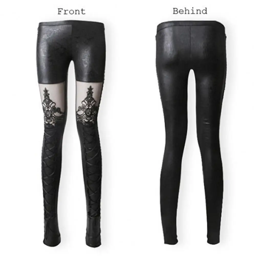 Legging renda seksi PU kurus celana bordir renda tembus pandang celana panjang elastis legging Punk Gotik kulit imitasi balutan silang