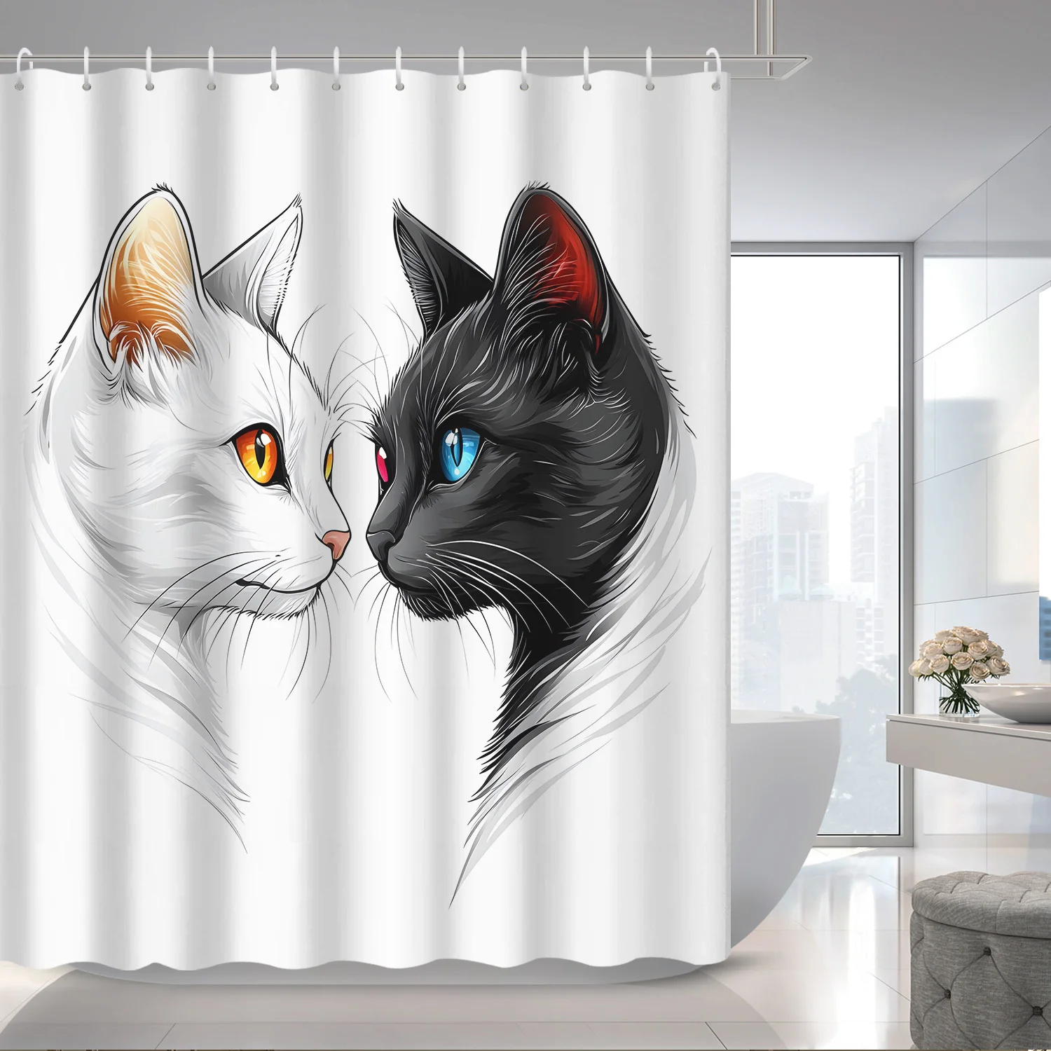 

1 шт., занавеска для душа с рисунком черно-белого кота, в комплект входит 12 крючков, декор для ванной комнаты, аксессуары для ванной, украшение для дома