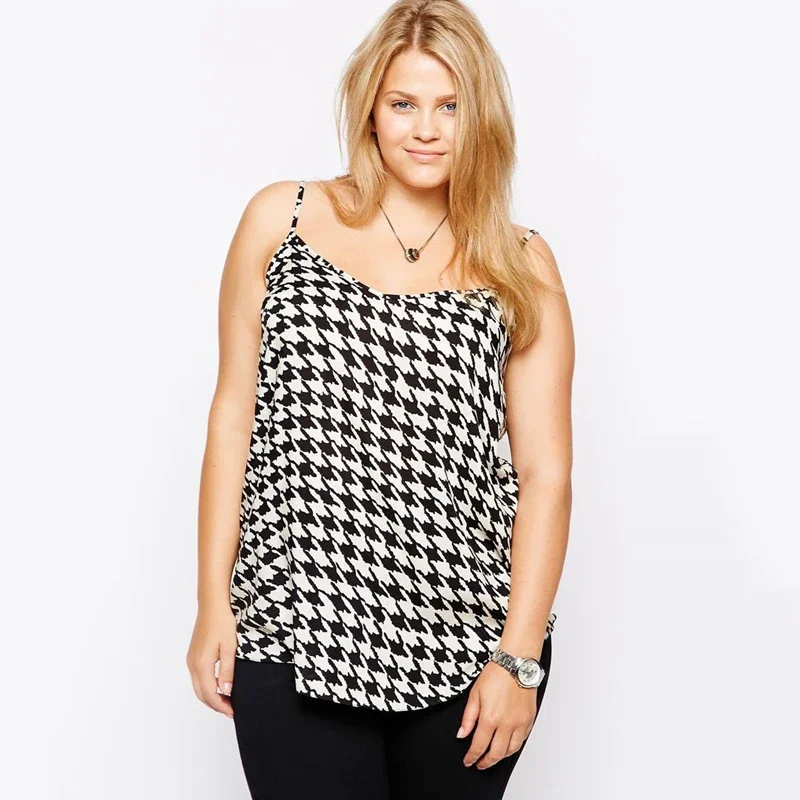 Camisola feminina com estampa houndstooth, top tamanho grande, alça solta de espaguete, tanque casual preto e branco, camisola grande feminina, 7XL, 8XL