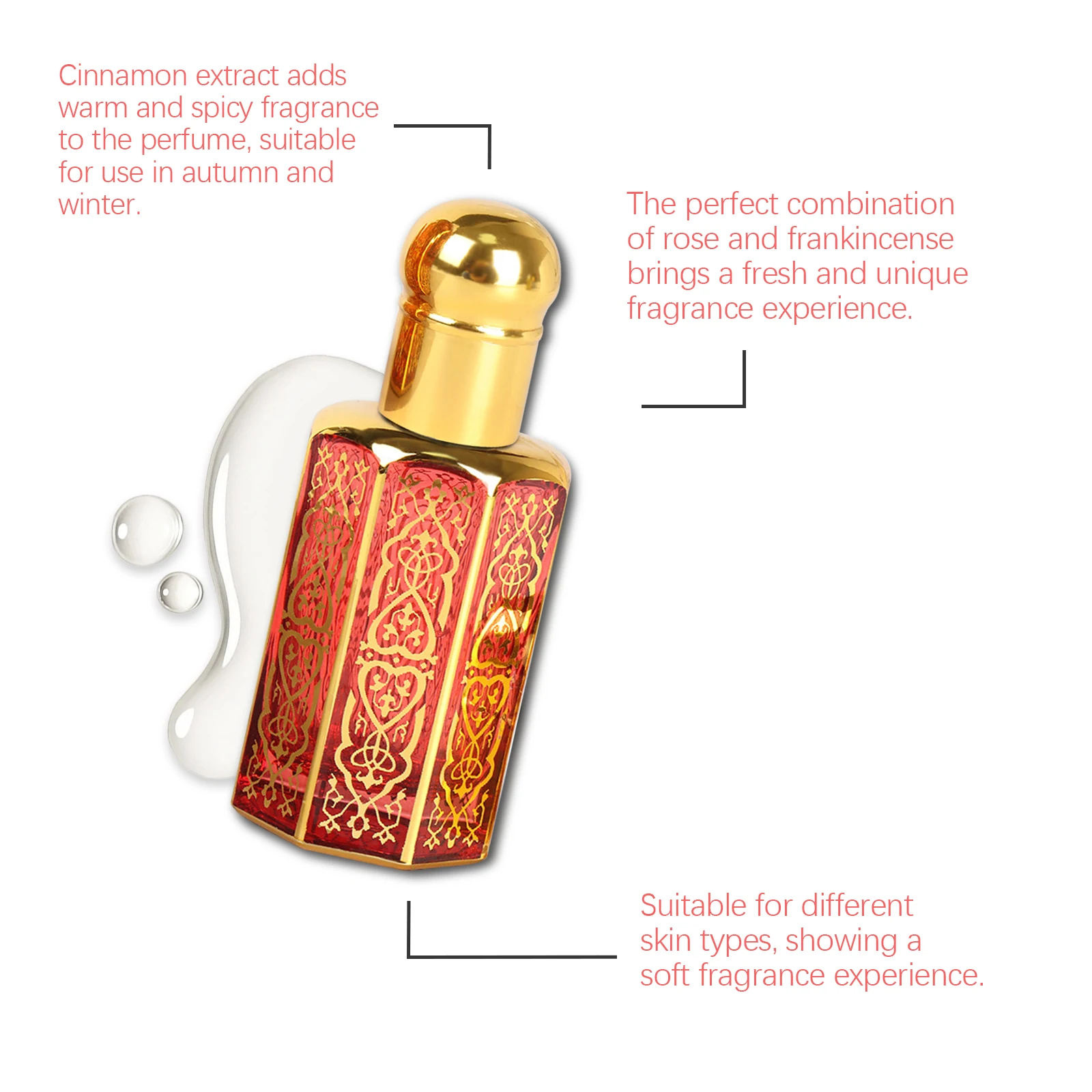 Roxelis 12ml Arabian Style Fragrance Rose Elegant Natural Fresh Light Fragrance Lasting Fragrance Portable Charm Fragrance