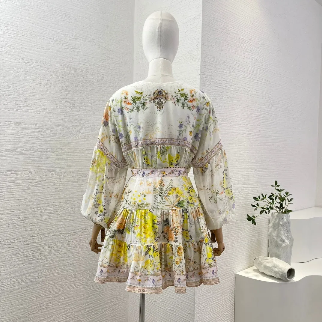 Yellow White Floral Print Long Sleeve Diamonds Blouse Tops and Skirt Set