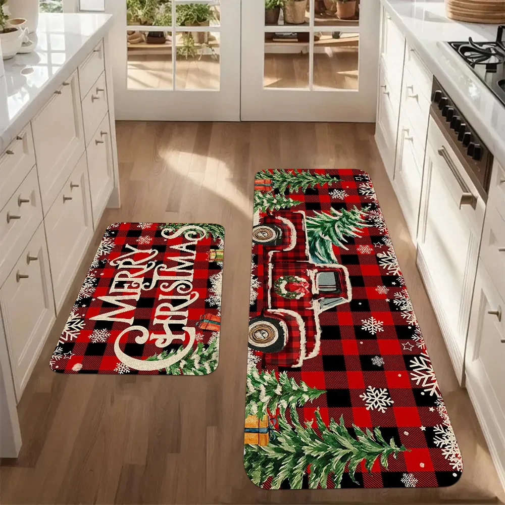 Vintage Red Truck Christmas Tree Buffalo Plaid Area Rug kitchen mat Home Floor Decor mat Kitchen Runner Entrance Door Mat Set