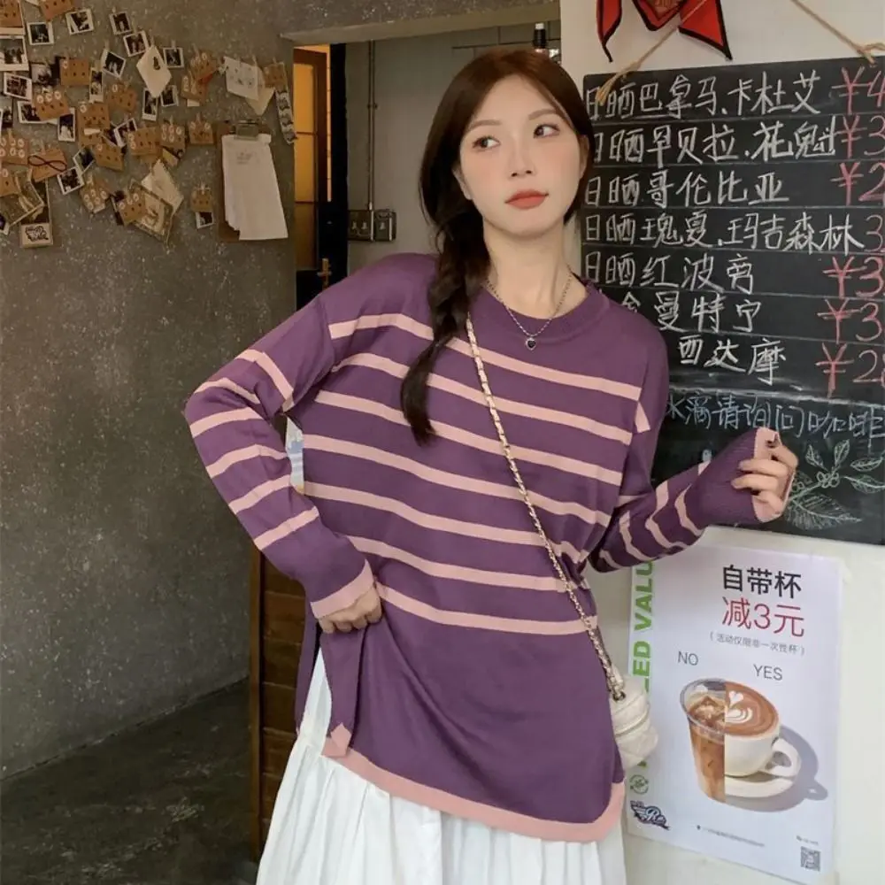 

Simple V-neck Stripe Long Sleeve Top Thin Lapel Y2k Patchwork Knitwear Slim Fit Pullover Stripe T-Shirt Autumn Spring