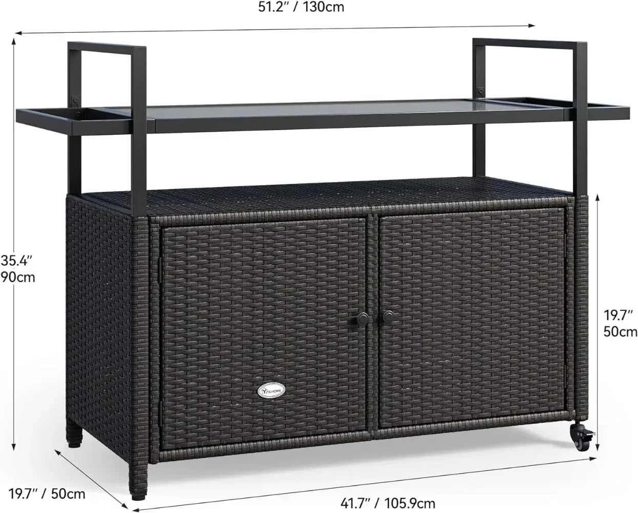 Grande table de bar portable pour l'extérieur, roulettes et dessus de table en verre noir, chariot de cuisine et de bar, marron foncé, WUNICEF