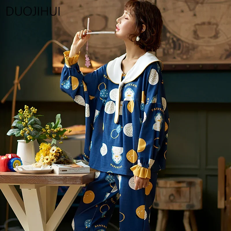 

DUOJIHUI Sweet Print Two Piece Simple Female Sleepwear Autumn Chic Long Sleeve Pullover Loose Pant Casual Home Pajamas for Women