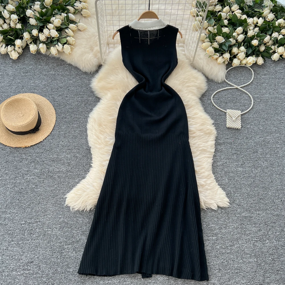 Chic Knit Elegant Sleeveless Turn-down Collar Patchwork Single Breasted Dresses Vintage Korean Evening Women Autumn Clothing