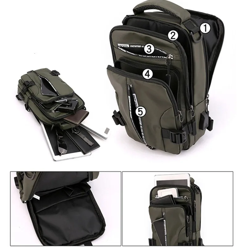 Waterproof Casual Chest Bag Men Multifunction Anti-theft USB Charging Men Crossbody Bag Nylon Canvas Travel Chest Bag Pack Male