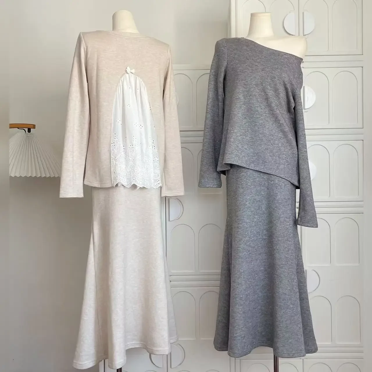 

Korean Fashion New Women Two Piece Skirt Sets Patchwork O Neck Long Sleeve Sweater + A Line Long Skirt Female Casual Outfits