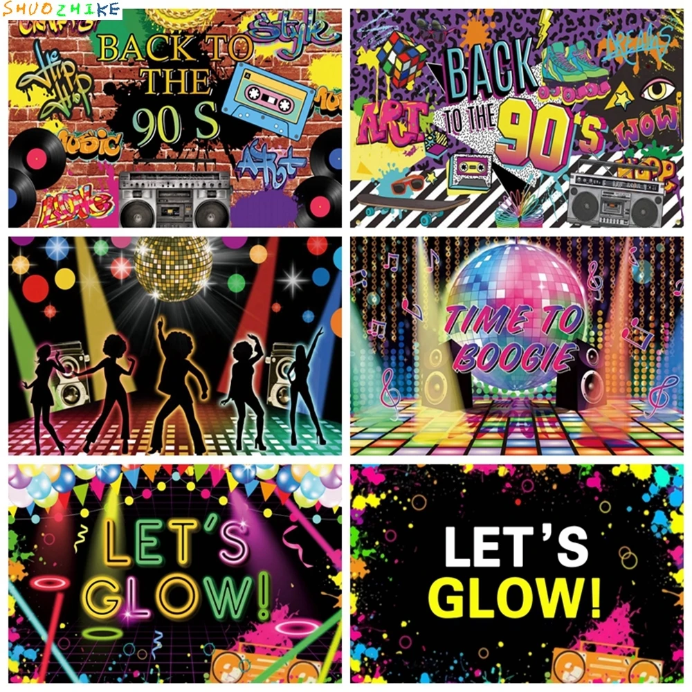 

90's Party Backdrop Let's Glow Graffiti Hip Pop Neon Glow 90s Background Music 90th Themed Party Banner Glitter Decoration