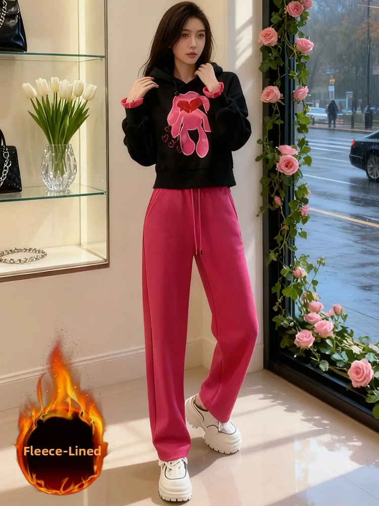 

Chic Anti-Aging Casual Sportswear Set Women Winter Cute Fleece-Lined Hoodie Hot Pink Wide Leg Pants Two-Piece Set