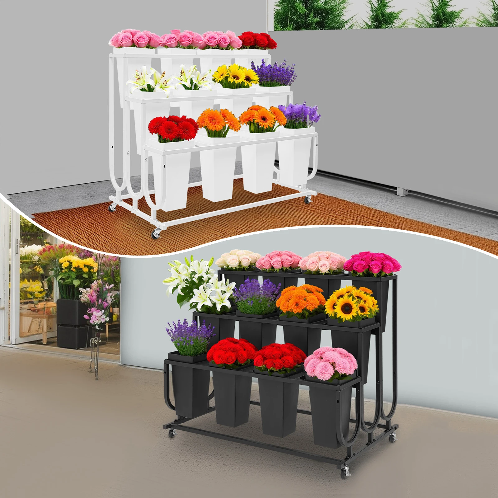 12 baldes de metal, 3 camadas, suporte de exibição de flores com 4 rodas bloqueáveis para loja de flores, casamento, casa, decoração de jardim, exibição de plantas