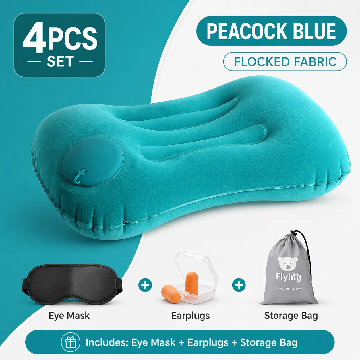 4PCS Inflatable Travel Pillow Set, Press-to-Inflate Flocked Neck Lumbar Support Cushion with Eye Mask Earplugs Storage Bag