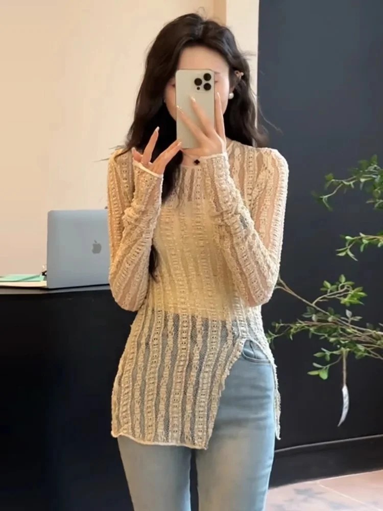 

Slim Fit Lace Knitted Top Women's Base Layer Summer New Style Thin Sun Protection T-Shirt Cover Spring Autumn Commute Style