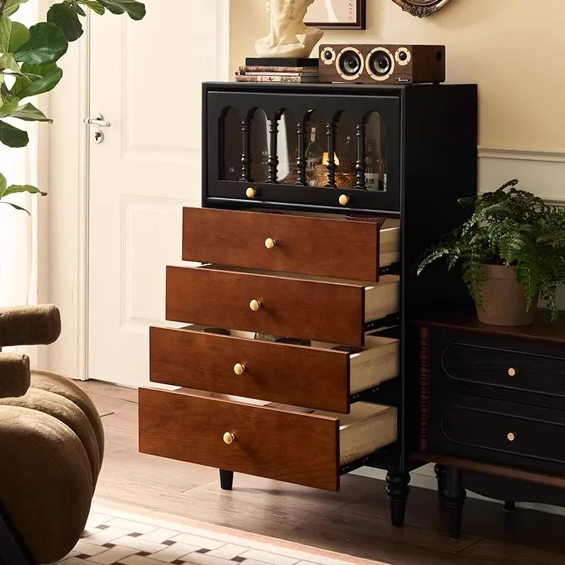 Medieval solid wood chest, bedroom storage storage cabinet, household side cabinet, color matching, bedside cabinet