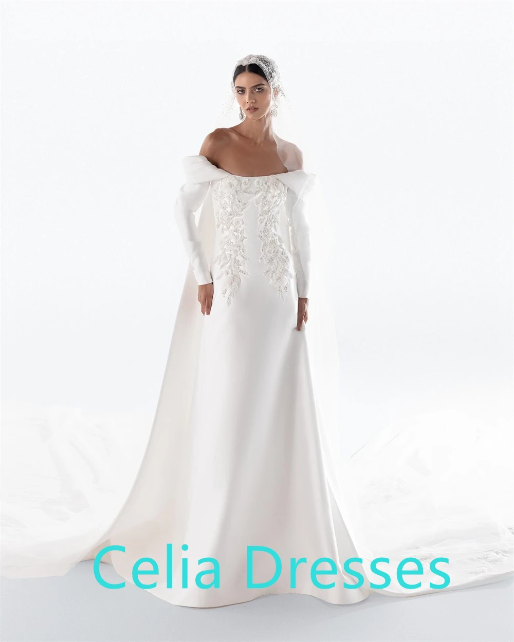 CustomizedCustomized Exquisite White Satin Evening Dress Boat Neck Off the Shoulder Long Sleeves Bridal Gowns Appliques Bridal P image 5
