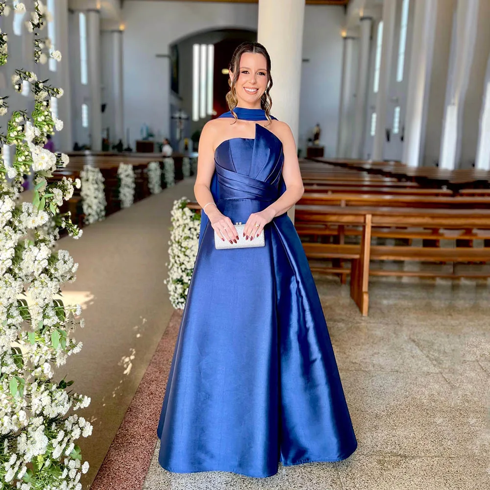 

Msikoods Royal Blue Satin A Line Evening Dresses Strapless Pleated Prom Dress Wedding Guest Gown Elegant Party Dress Customized