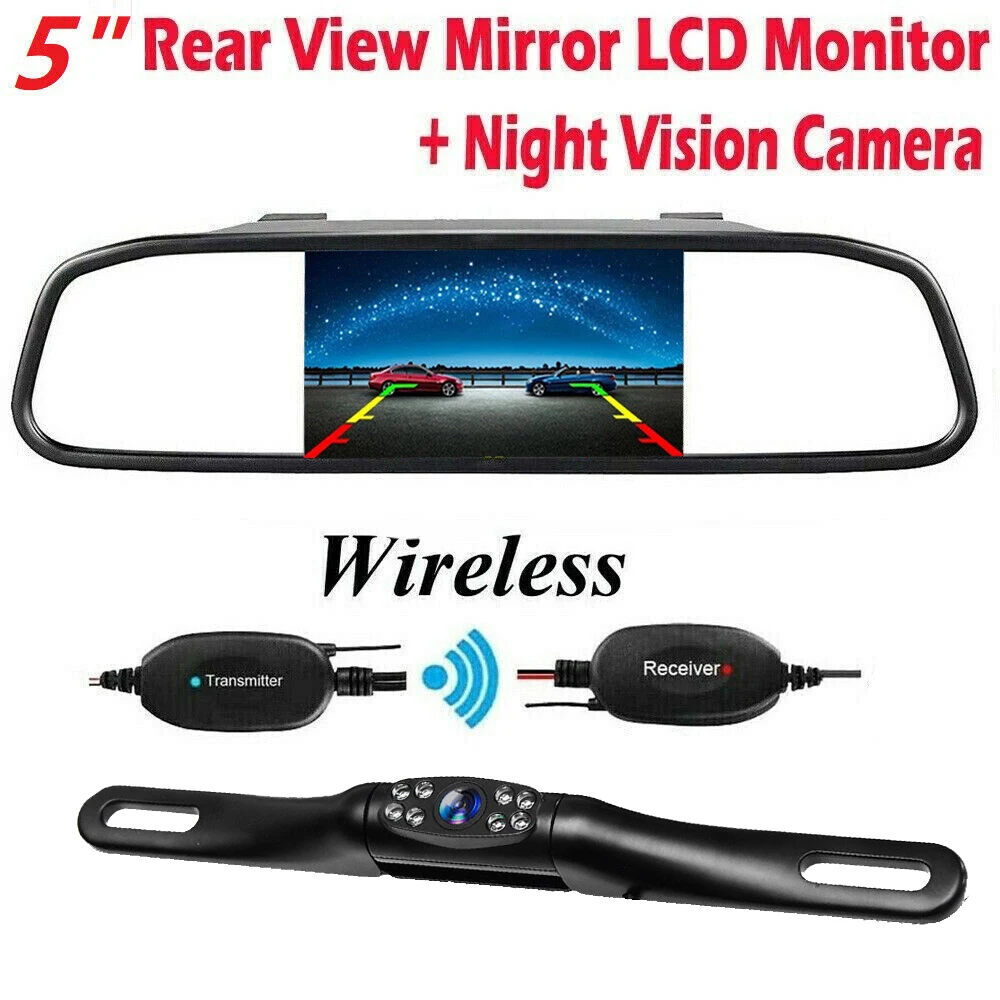 

Wireless 5 inch Rear View Mirror Monitor + Car Backup Camera Kit Night Vison Camera for Car, Pickup, SUVs, Vans