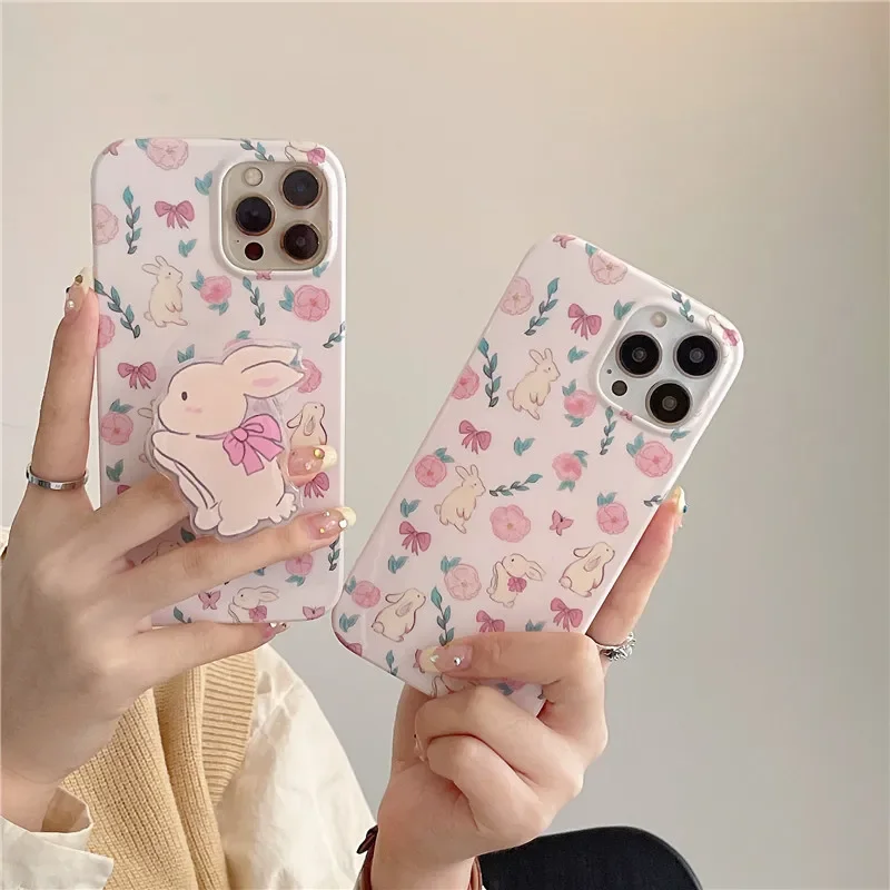 Słodki różowy króliczek muszka Kwiat bracket kreskówka Etui na telefon do iPhone'a 16 15 14 13 11 12 Pro Max Xr 14 Plus etui Cute Soft Cover